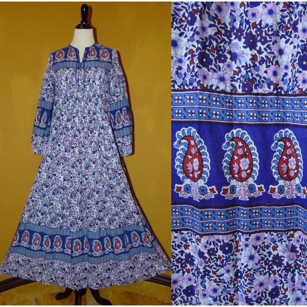 VINTAGE 70’s HIPPIE BLOCK PRINT INDIAN COTTON FESTIVAL BOHO MAXIDRESS